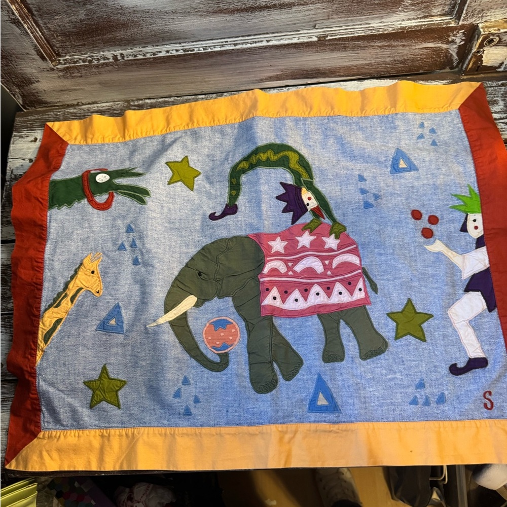 Whimsical Circus Elephant Appliqué Pillowcase in Blue and Orange